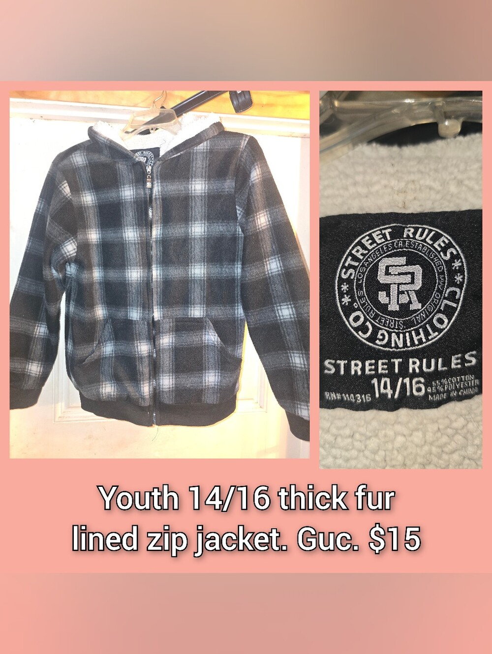 Street Rules Youth Black & Gray Plaid Sherpa-Lined Zip Hoodie